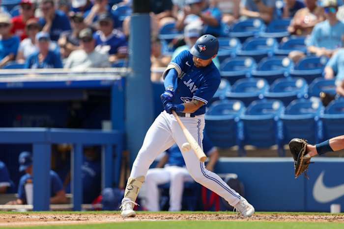 Mar 9, 2023; Dunedin, Florida, USA; Toronto Blue Jays left fielder Nathan Lukes (38) singles against the Atlanta Braves in the second inning at Amalie Arena. Mandatory Credit: Nathan Ray Seebeck-USA TODAY Sports
